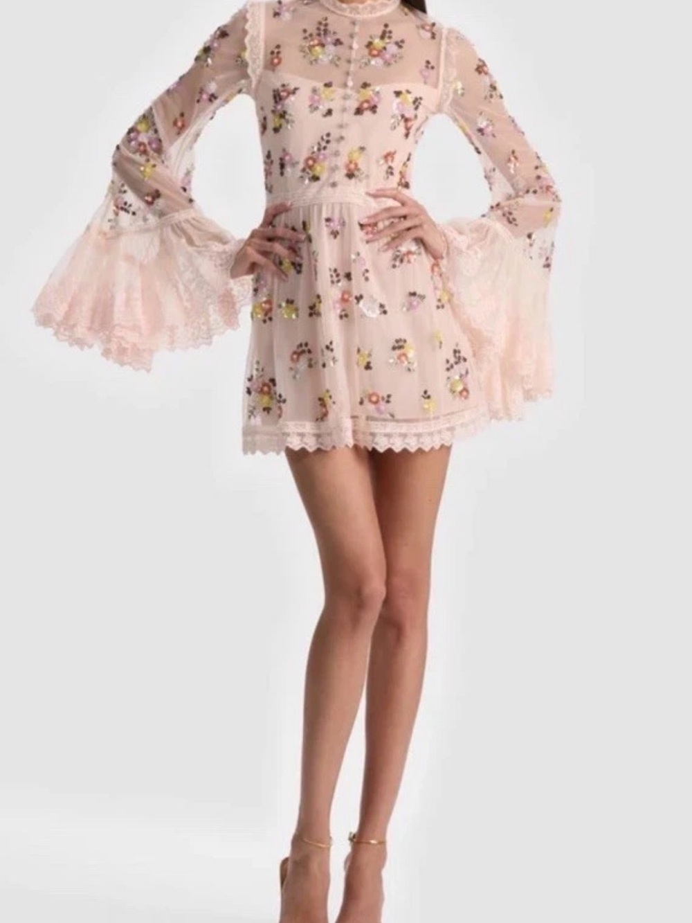 Alice + Olivia Allegra Embellished Lace Mini Gown Pale Pink NWT US 10 - Picture 15 of 16